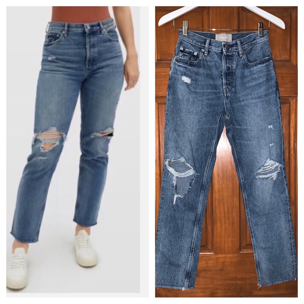 EVERLANE Cheeky Jeans Medium Wash Distressed Destroyed Denim 23 Crop 90’s